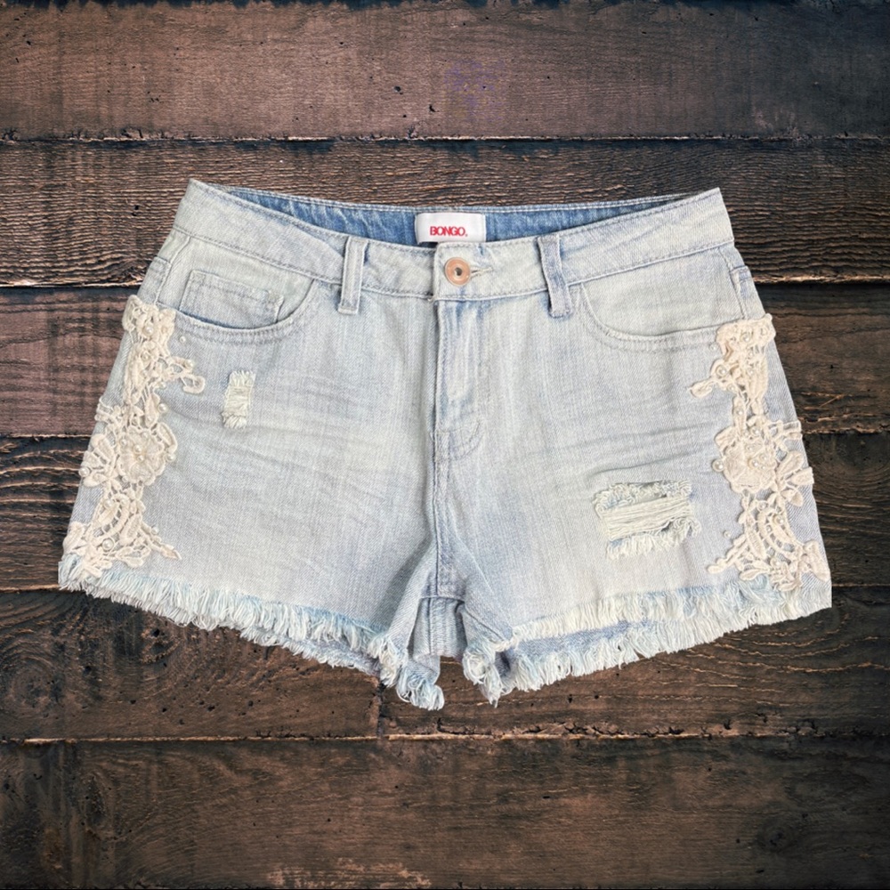 BONGO  Distressed Denim High Waist Raw Hem Shorts with Lace and Pearl Accent 7